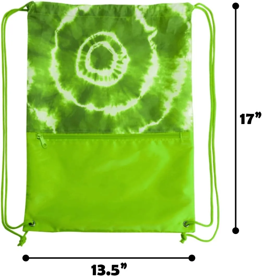 Closeout Services Corp. Wholesale Bulk Lot of 30 Vibrant Tie-Dyed Polyester Cinch Sack Backpacks, Open Cargo Design with Durable Rope Straps for Gym, Travel, and Events - Lime Green