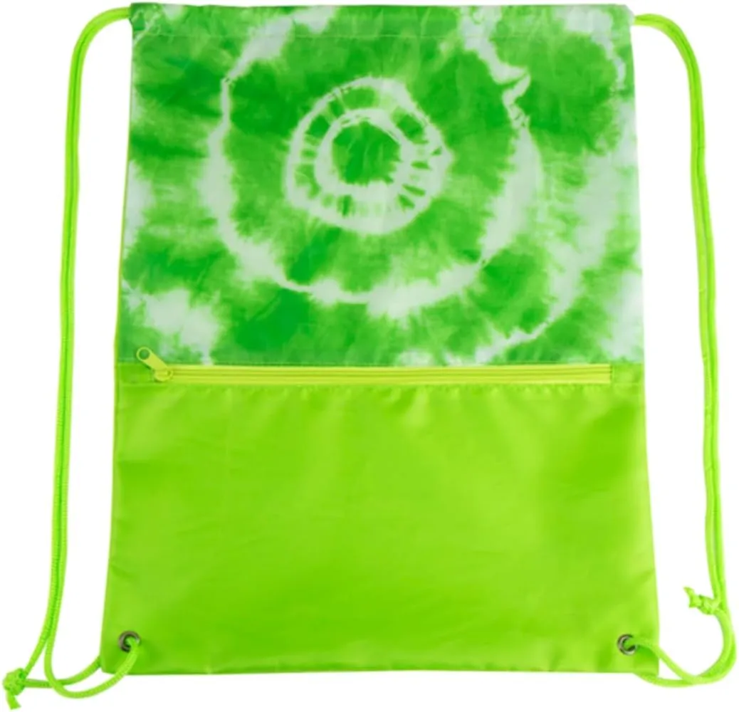 Closeout Services Corp. Wholesale Bulk Lot of 30 Vibrant Tie-Dyed Polyester Cinch Sack Backpacks, Open Cargo Design with Durable Rope Straps for Gym, Travel, and Events - Lime Green