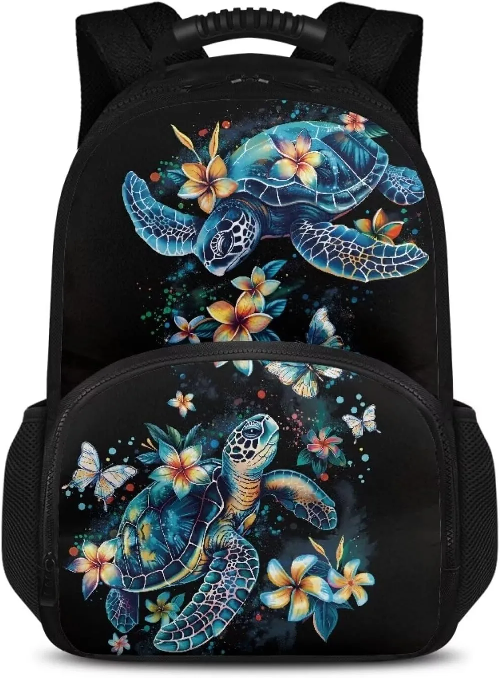 COEQINE Blue Sea Turtle Lunch Backpack for Women Men Black Retro Floral Butterfly Book Bag Work Bag Laptop Backpack Adjustable Rucksack Shoulder Bag Daypack