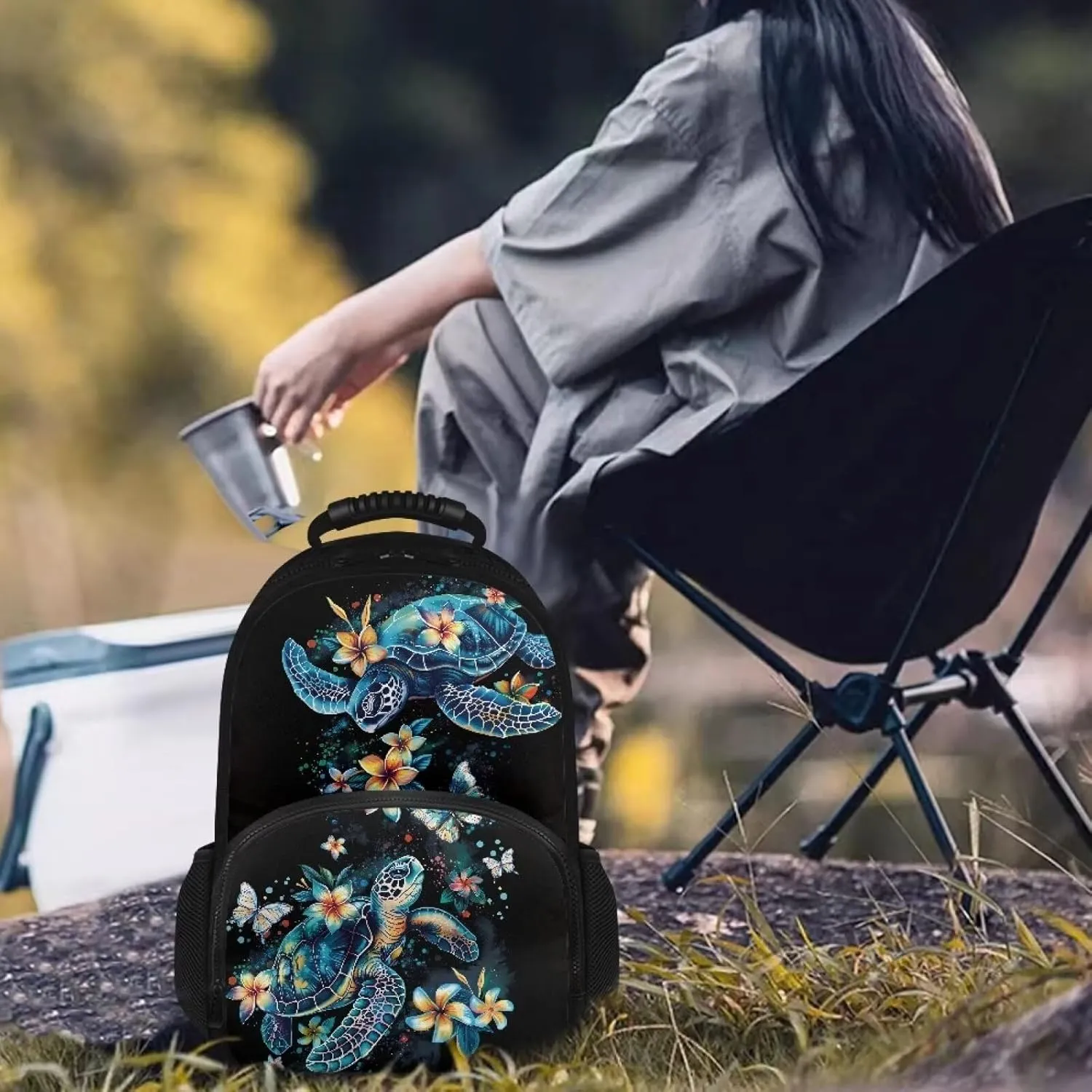 COEQINE Blue Sea Turtle Lunch Backpack for Women Men Black Retro Floral Butterfly Book Bag Work Bag Laptop Backpack Adjustable Rucksack Shoulder Bag Daypack