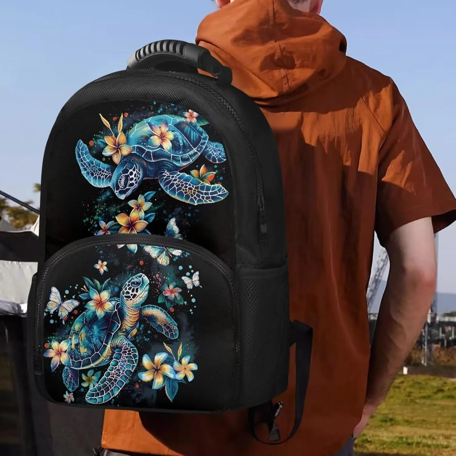 COEQINE Blue Sea Turtle Lunch Backpack for Women Men Black Retro Floral Butterfly Book Bag Work Bag Laptop Backpack Adjustable Rucksack Shoulder Bag Daypack