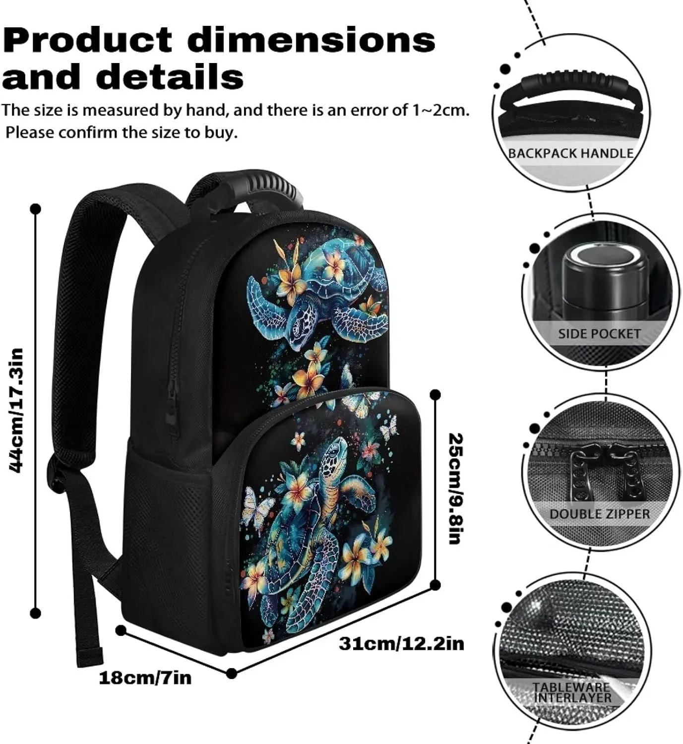 COEQINE Blue Sea Turtle Lunch Backpack for Women Men Black Retro Floral Butterfly Book Bag Work Bag Laptop Backpack Adjustable Rucksack Shoulder Bag Daypack