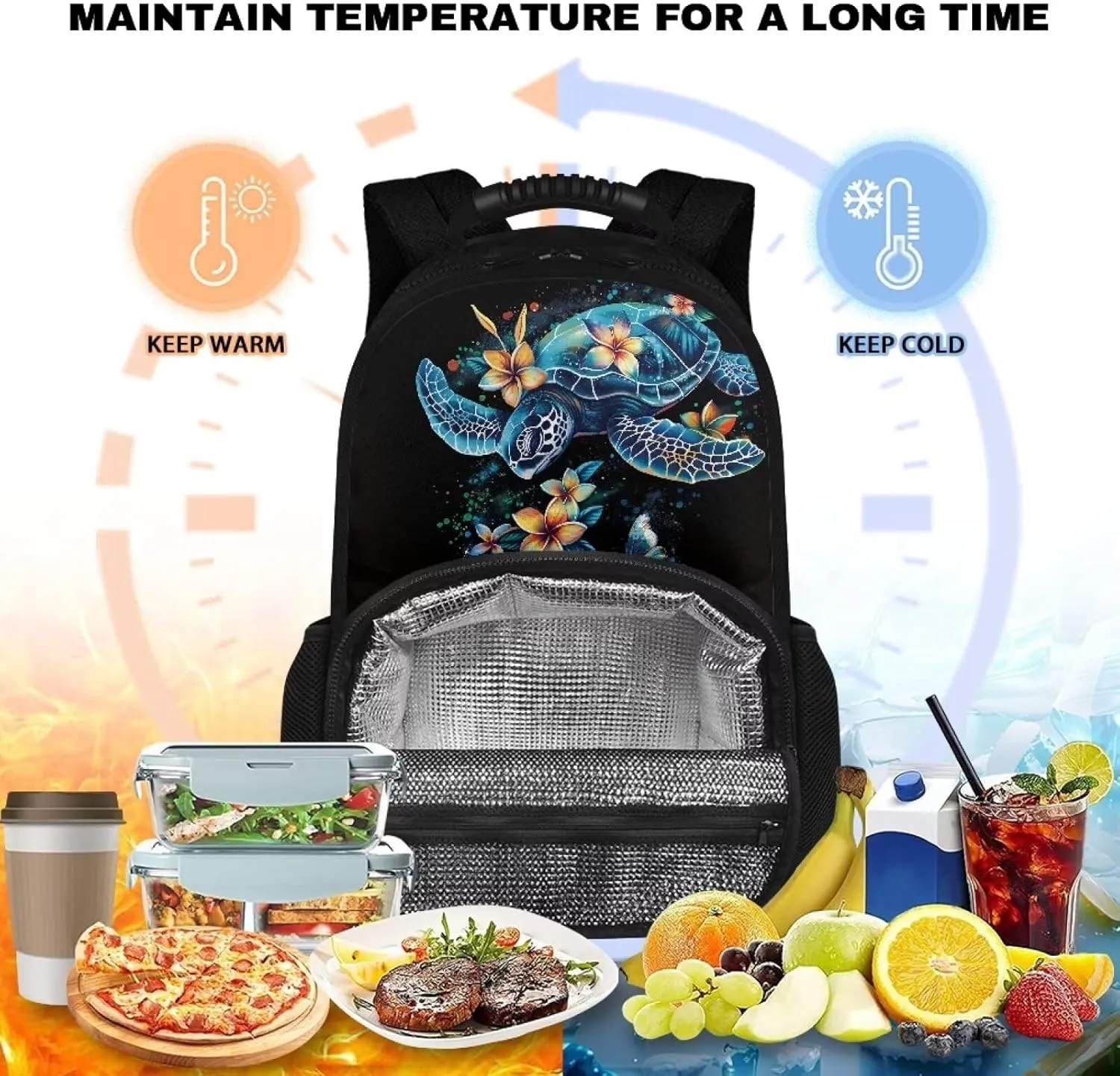 COEQINE Blue Sea Turtle Lunch Backpack for Women Men Black Retro Floral Butterfly Book Bag Work Bag Laptop Backpack Adjustable Rucksack Shoulder Bag Daypack