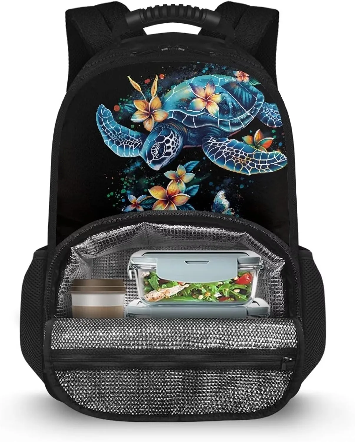 COEQINE Blue Sea Turtle Lunch Backpack for Women Men Black Retro Floral Butterfly Book Bag Work Bag Laptop Backpack Adjustable Rucksack Shoulder Bag Daypack