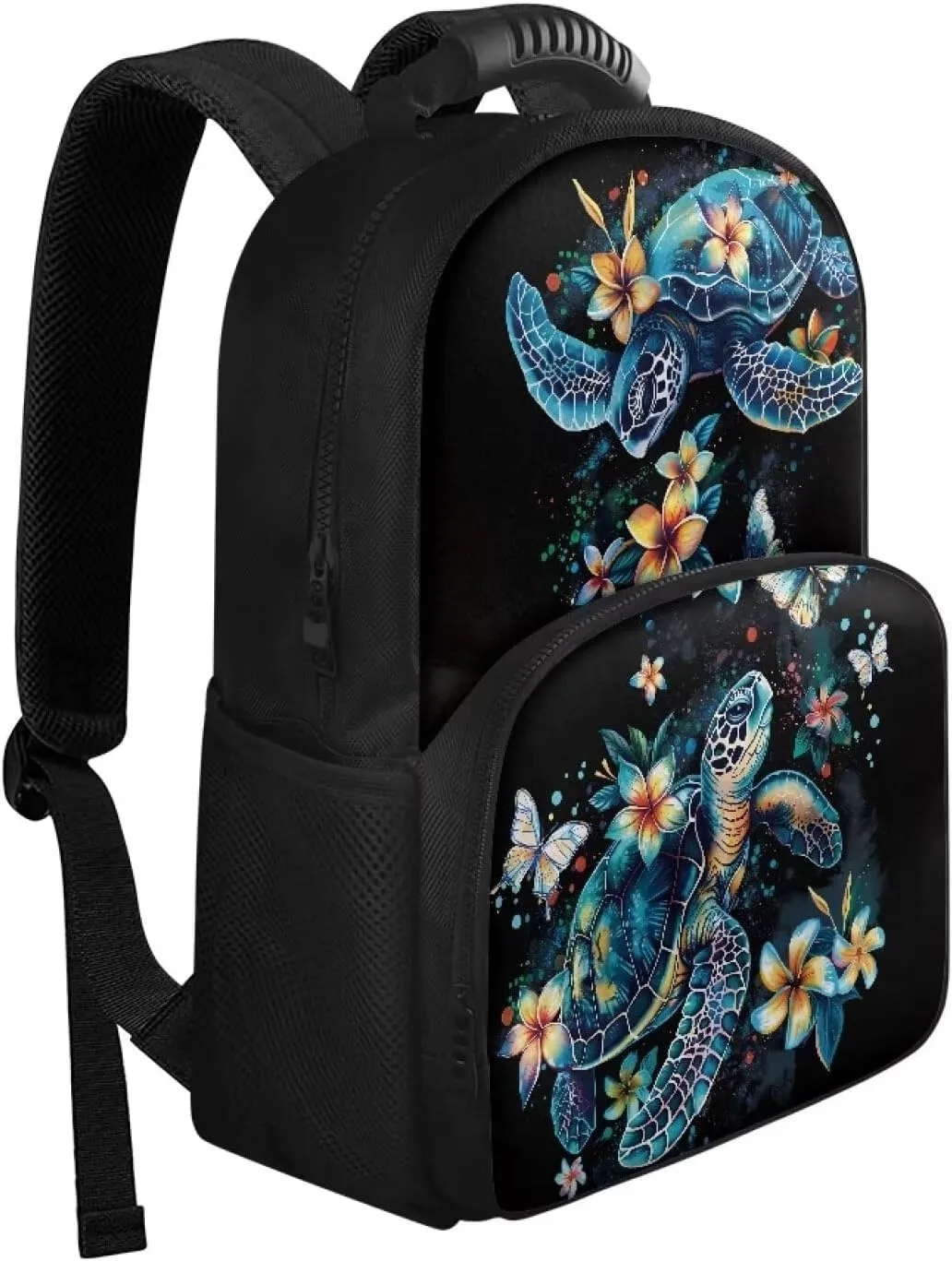 COEQINE Blue Sea Turtle Lunch Backpack for Women Men Black Retro Floral Butterfly Book Bag Work Bag Laptop Backpack Adjustable Rucksack Shoulder Bag Daypack