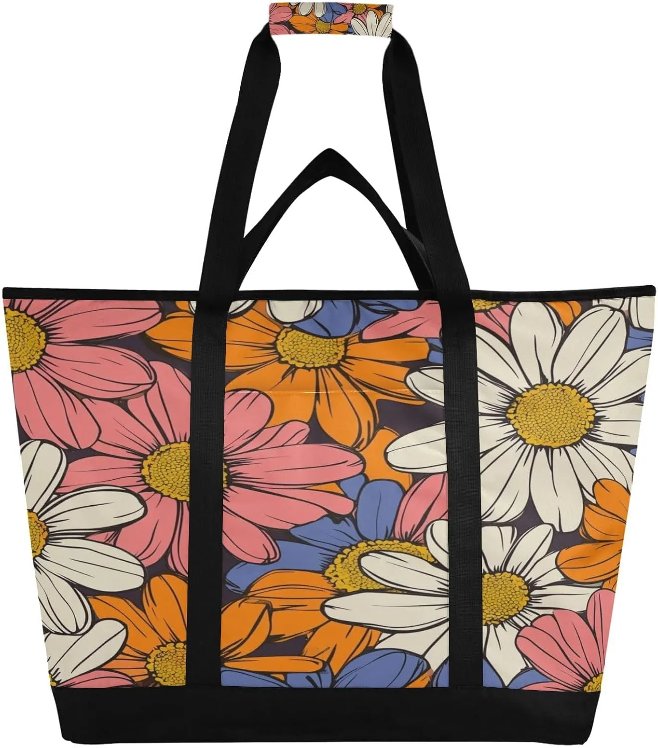 Colorful Daisy Reusable Insulated Lunchbox Cooler Bag, Leakproof Kitchen Grocery Bag Collapsible Portable Cooler Tote Bag for Picnic, Camping, Office, Travel