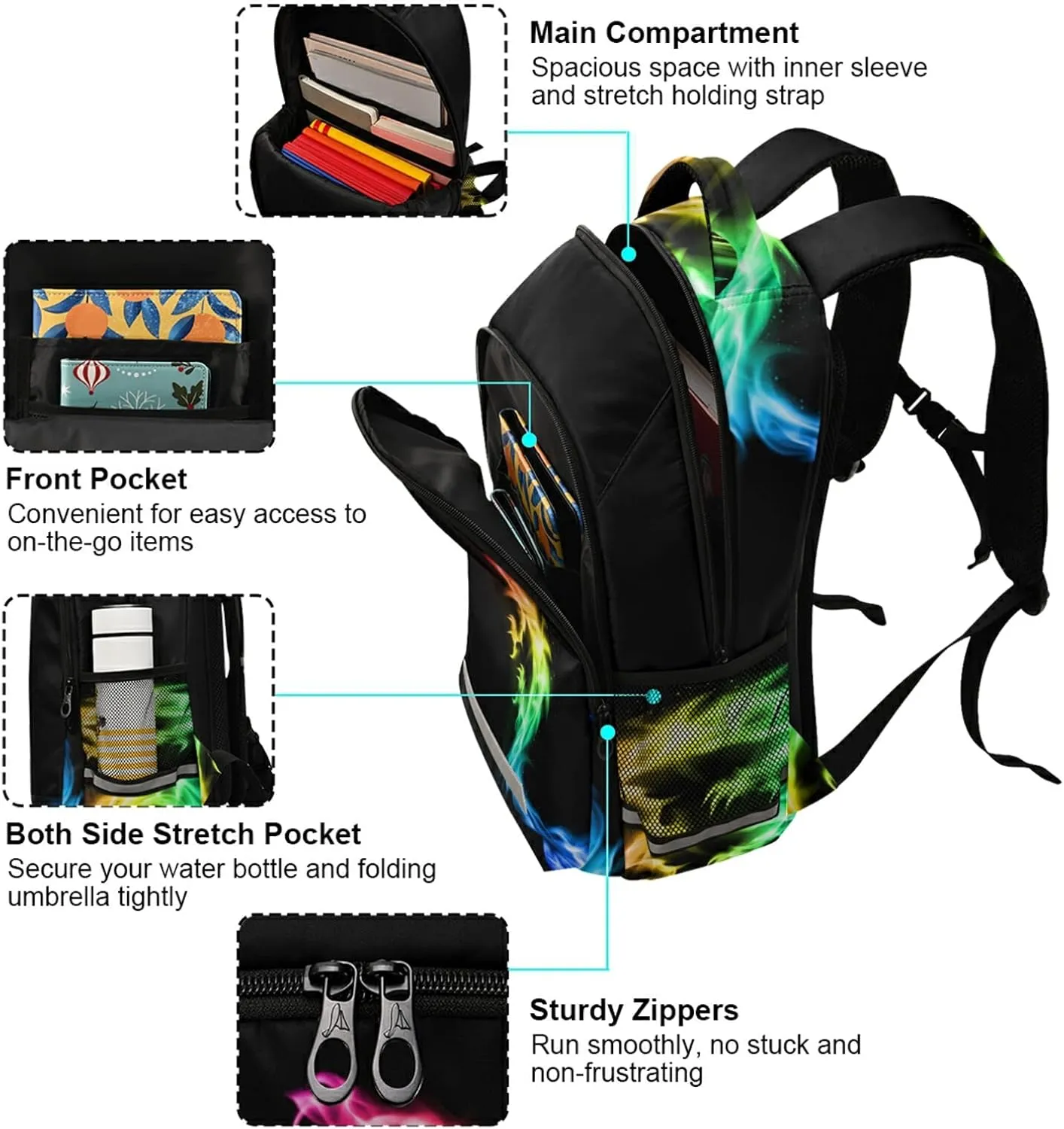 Colorful Fire Dragon School Backpacks with Chest Strap for Teens Boys Girls,Lightweight Student Bookbags 17 Inch, Casual Daypack Schoolbags