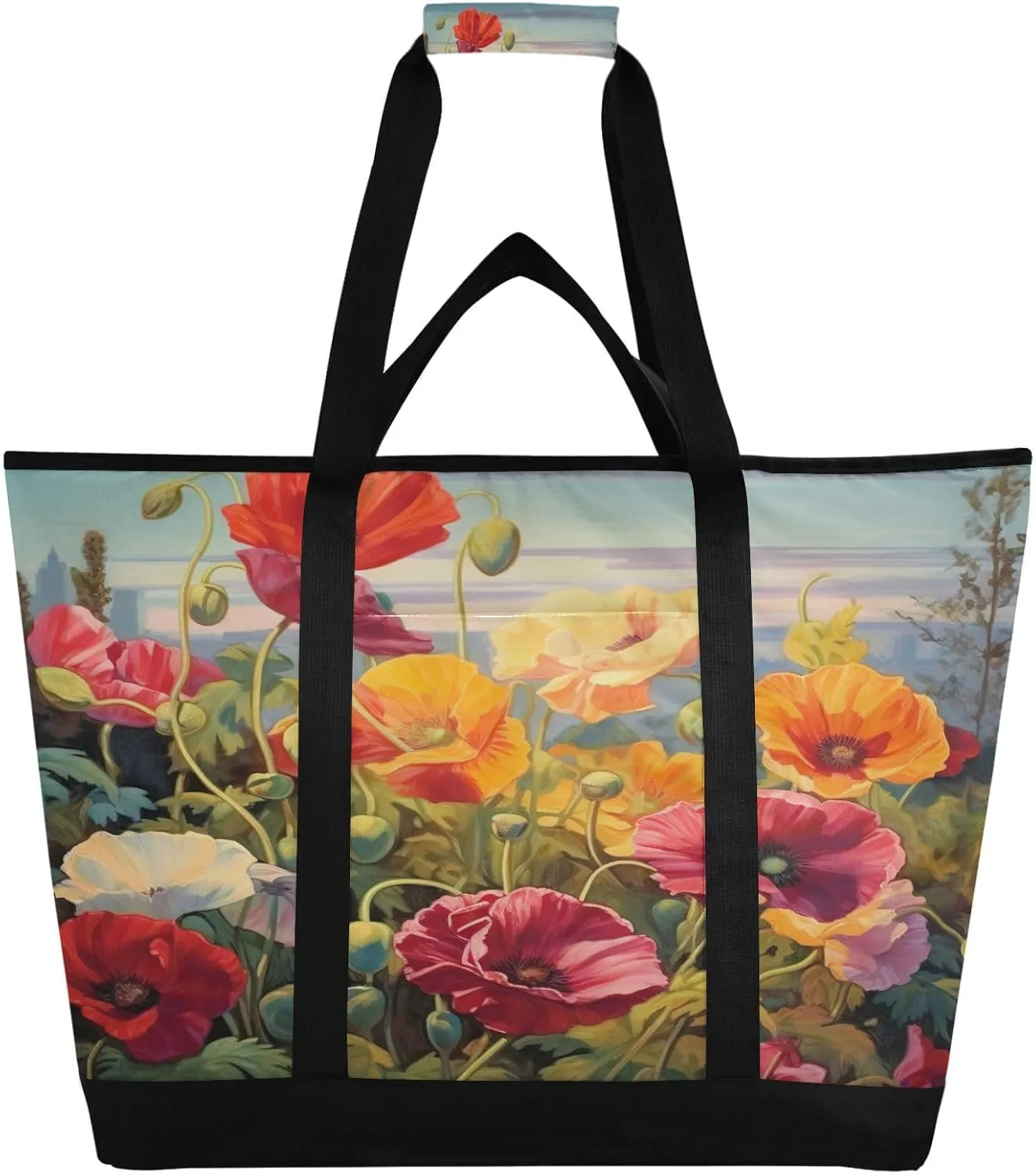 Colorful Flowers Reusable Insulated Lunchbox Cooler Bag, Leakproof Kitchen Grocery Bag Collapsible Portable Cooler Tote Bag for Picnic, Camping, Office, Travel