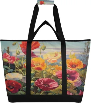 Colorful Flowers Reusable Insulated Lunchbox Cooler Bag, Leakproof Kitchen Grocery Bag Collapsible Portable Cooler Tote Bag for Picnic, Camping, Office, Travel
