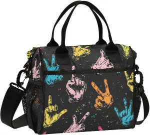 Colorful Rock Gesture Pattern Lunch Bag Reusable Lunch Box for Office Picnic Hiking Beach, Insulated Cooler Tote Food Container with Adjustable Shoulder Strap for Men Women Adults