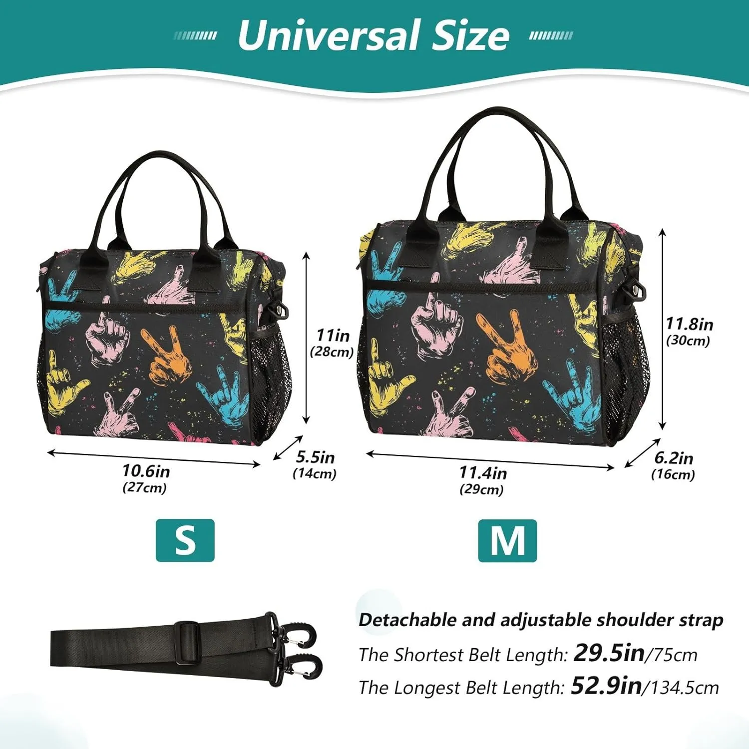 Colorful Rock Gesture Pattern Lunch Bag Reusable Lunch Box for Office Picnic Hiking Beach, Insulated Cooler Tote Food Container with Adjustable Shoulder Strap for Men Women Adults