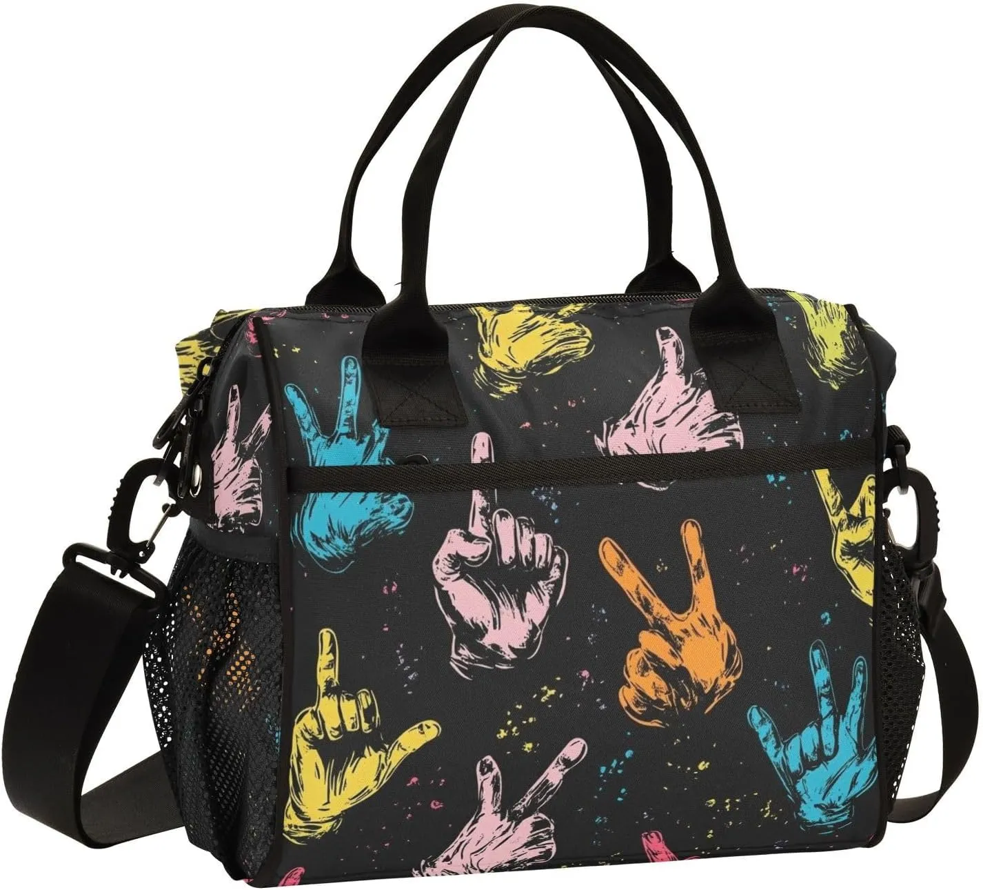 Colorful Rock Gesture Pattern Lunch Bag Reusable Lunch Box for Office Picnic Hiking Beach, Insulated Cooler Tote Food Container with Adjustable Shoulder Strap for Men Women Adults
