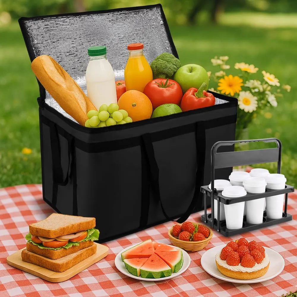 Cooler Insulated Food Delivery Bag & Drink Carrier with Hard Bottom, XXX-Large Pizza Bags for Doordash/Uber Eats, Grocery Catering Travel Thermal Frozen Carrier, Cold Warmer Accessories for Door Dash