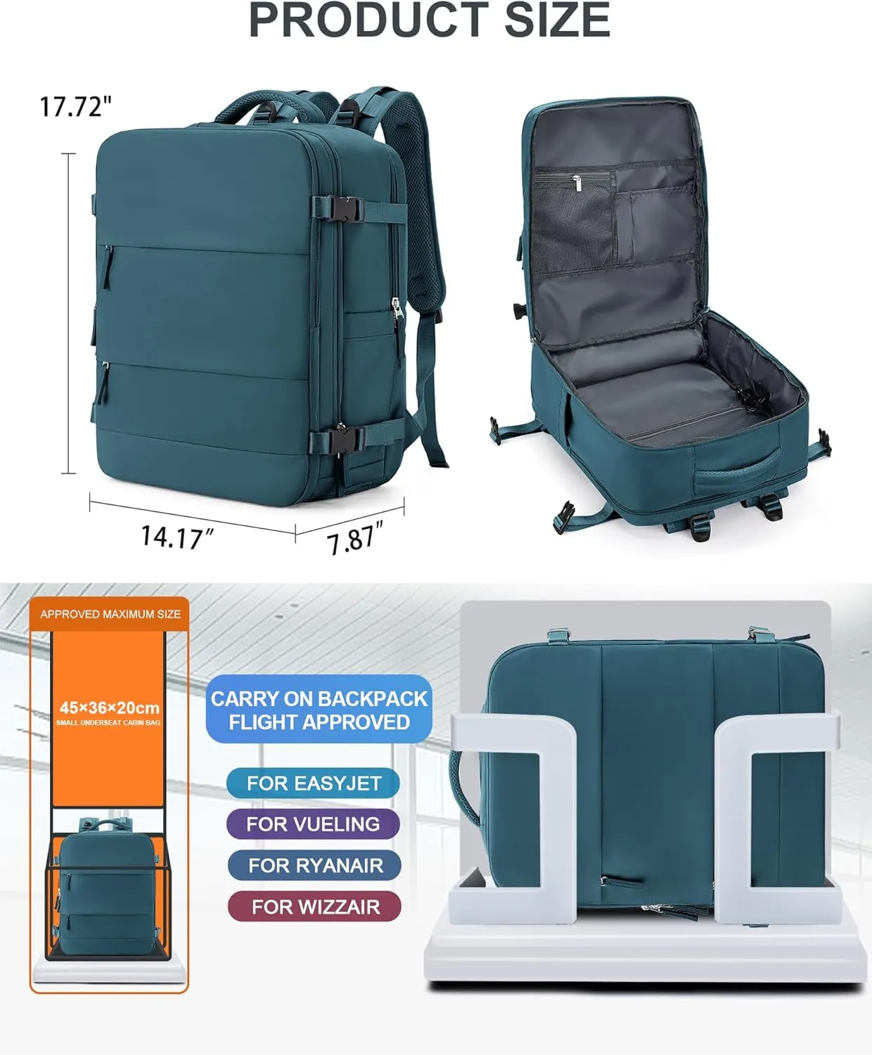 coowoz Large Travel Backpack Carry On for Women Man Waterproof Gym Backpack Mochila de Viaje Travel Bag Essentials Teacher Personal Item Backpack Rucksack Airplane Accessories Must Haves Peacock Blue