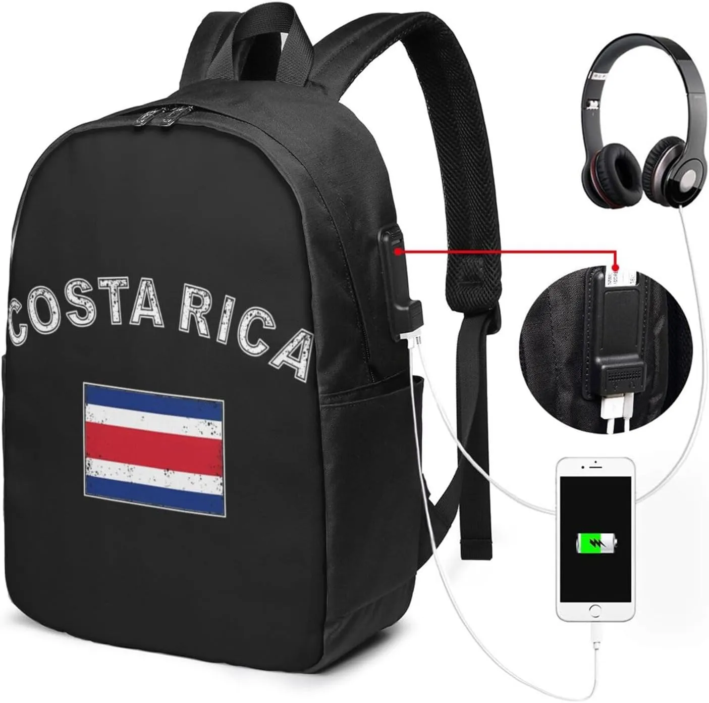 Costa Rica Flag Latin America Travel Backpack 17-Inch Laptop Backpacks Business Rucksack Casual Sport Daypack with USB Charging Port Carry-on Bag for Camping Biking