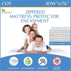 Cot Size Waterproof Mattress Protector (30" Wx75 L) - Waterproof Zippered Encasement Premium Quality Bed Cover Protects Against Dust, Allergens White