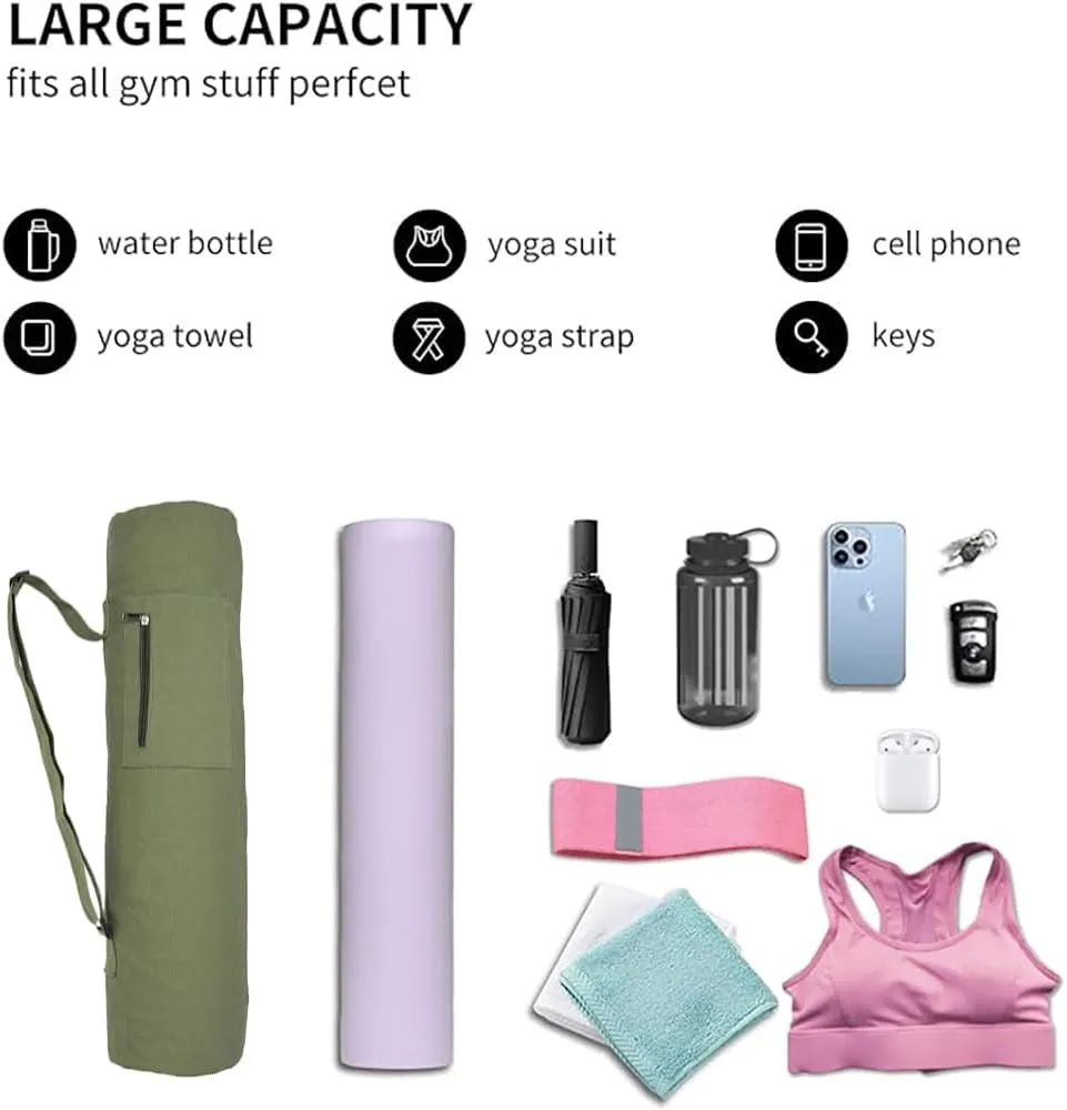 Cotton yoga mat bag with Pockets and Adjustable Strap - Full Zip Cargo Yoga Mat Carrier Bag - Bag for 1/4" 1/3" Thick Yoga Mat