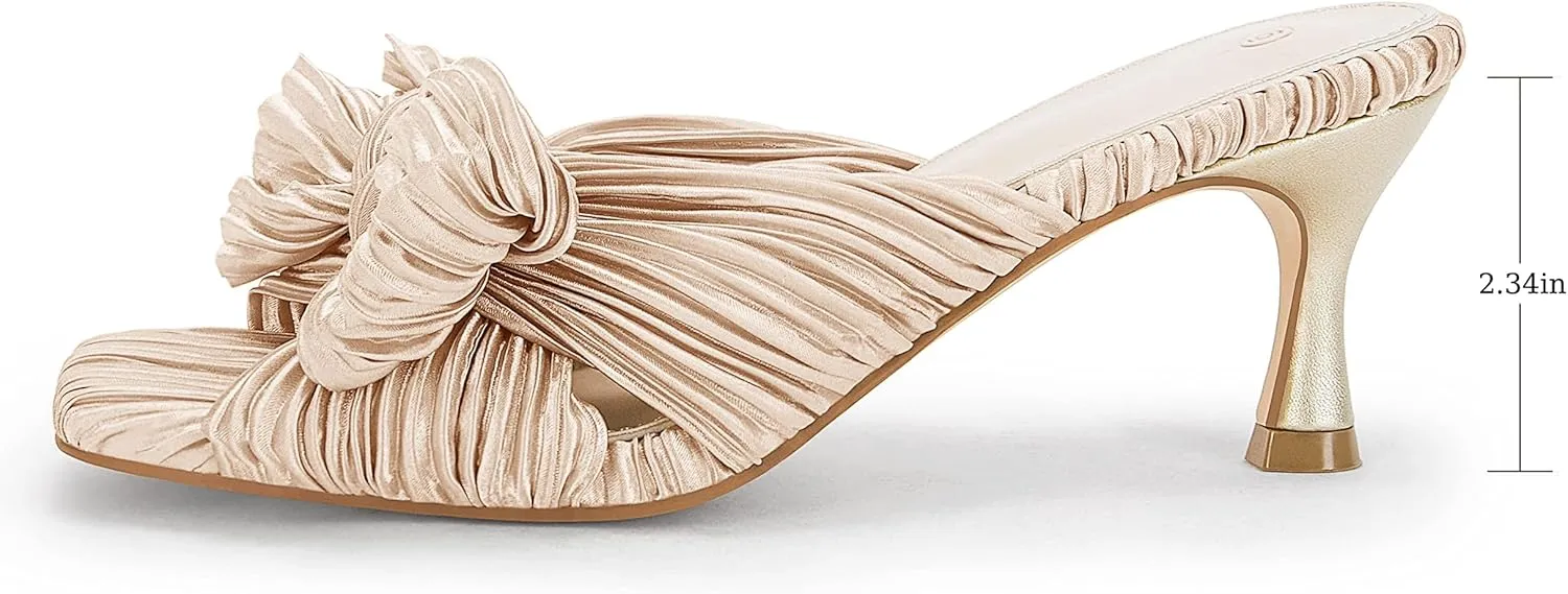 Coutgo Womens Bow Heeled Sandals Pleated Bowknot Heels Open Square Toe Cute Kitten Heel Mules Slip On Wedding Dress Shoes