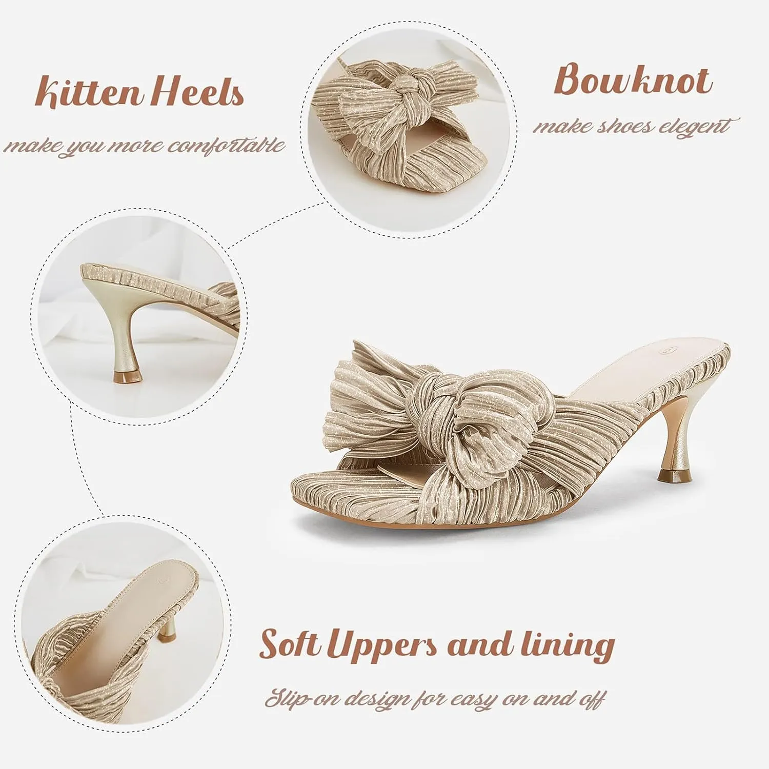 Coutgo Womens Bow Heeled Sandals Pleated Bowknot Heels Open Square Toe Cute Kitten Heel Mules Slip On Wedding Dress Shoes