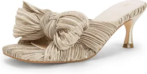 Coutgo Womens Bow Heeled Sandals Pleated Bowknot Heels Open Square Toe Cute Kitten Heel Mules Slip On Wedding Dress Shoes