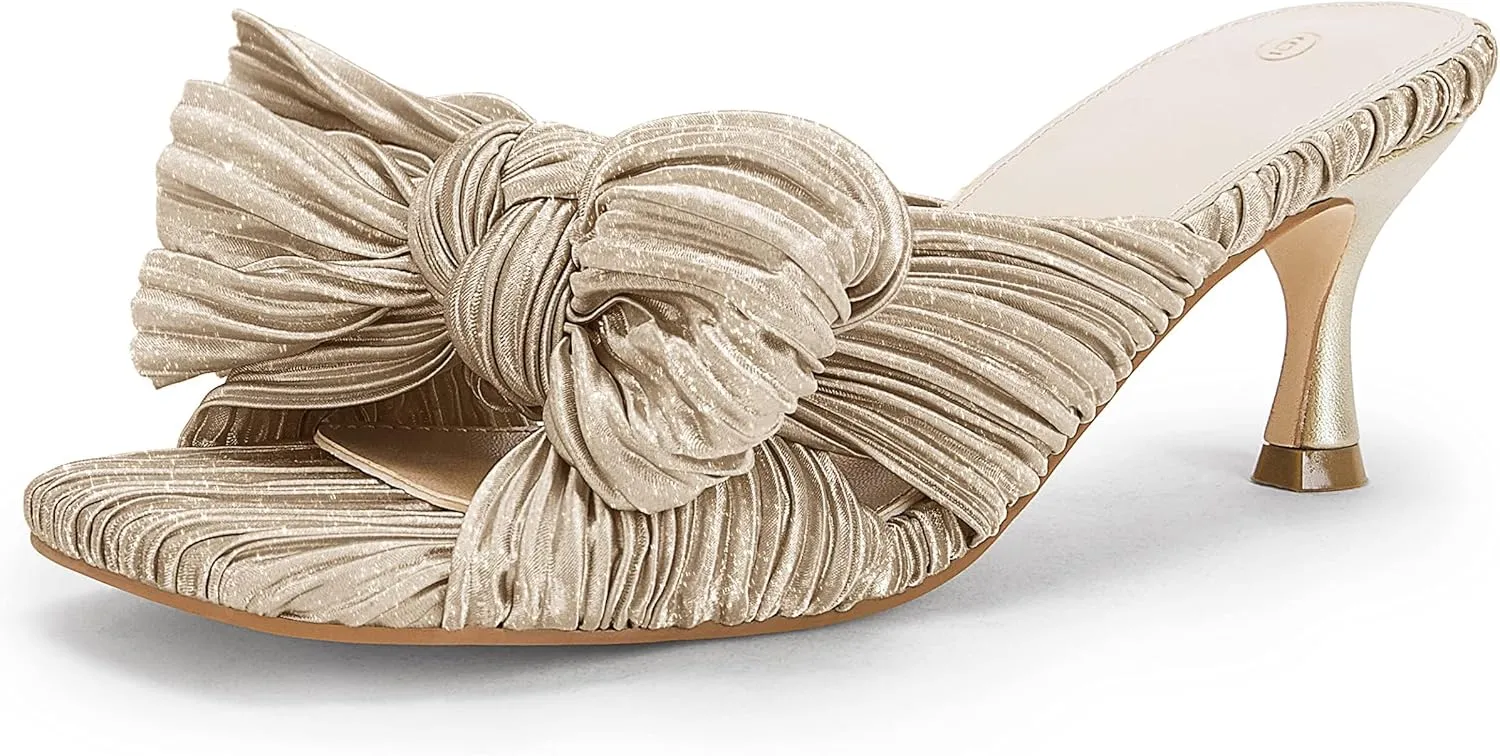 Coutgo Womens Bow Heeled Sandals Pleated Bowknot Heels Open Square Toe Cute Kitten Heel Mules Slip On Wedding Dress Shoes