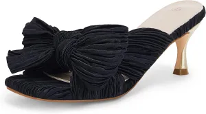 Coutgo Womens Bow Heeled Sandals Pleated Bowknot Heels Open Square Toe Cute Kitten Heel Mules Slip On Wedding Dress Shoes