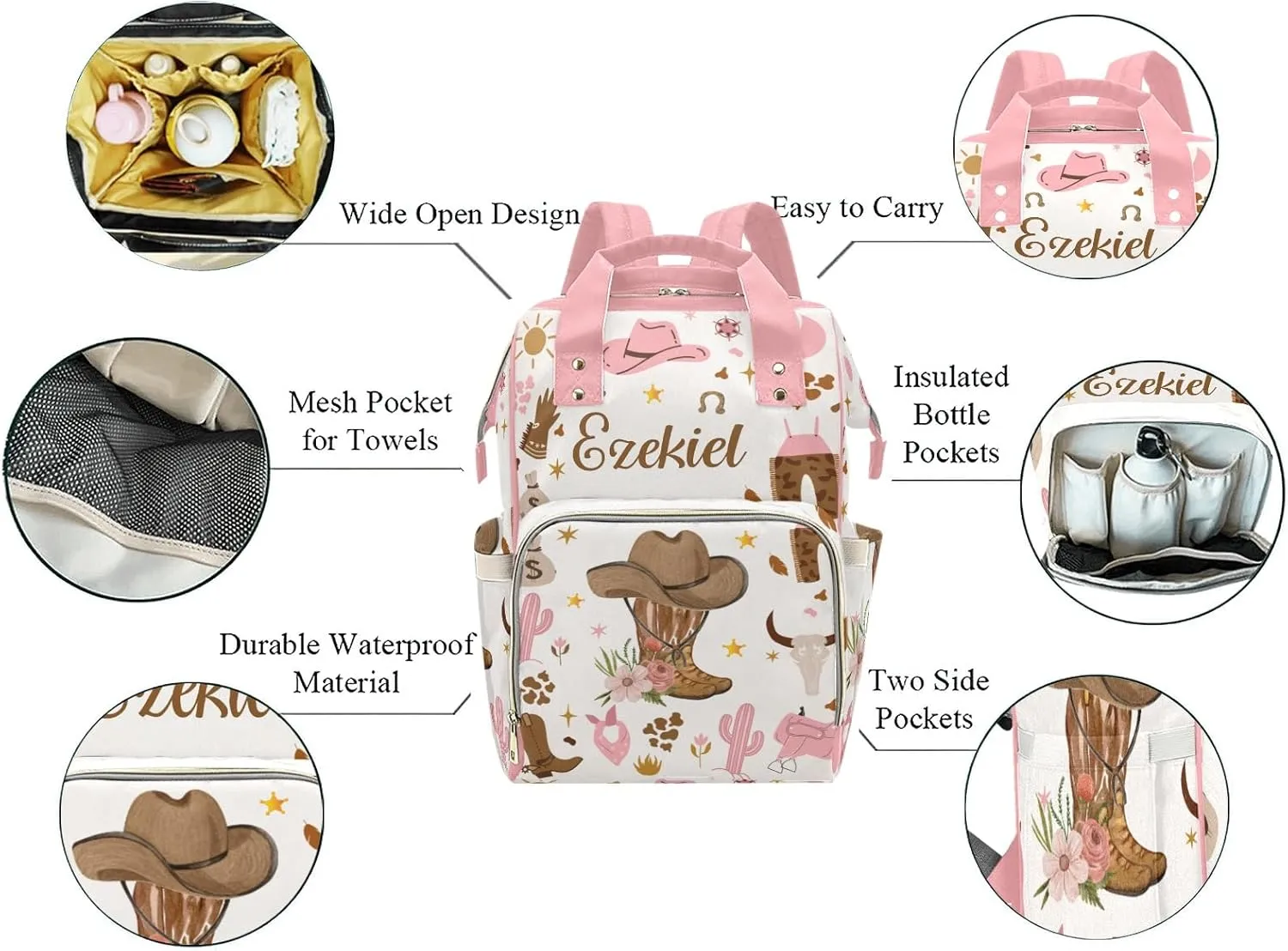 Cowgirl Wild Life Hat Floral Personalized Name Diaper Bag Backpack,Custom Travel DayPack for Nappy Mommy Bag Gift
