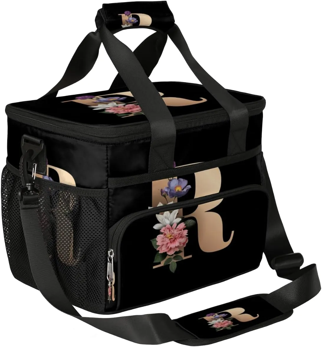 Creative R Letters Flowers Insulated Lunch Bags for Women Men Adult Large Reusable Cooler Tote Bag with Adjustable Shoulder Strap Lunch Box for Office, Picnic, Hiking, Beach