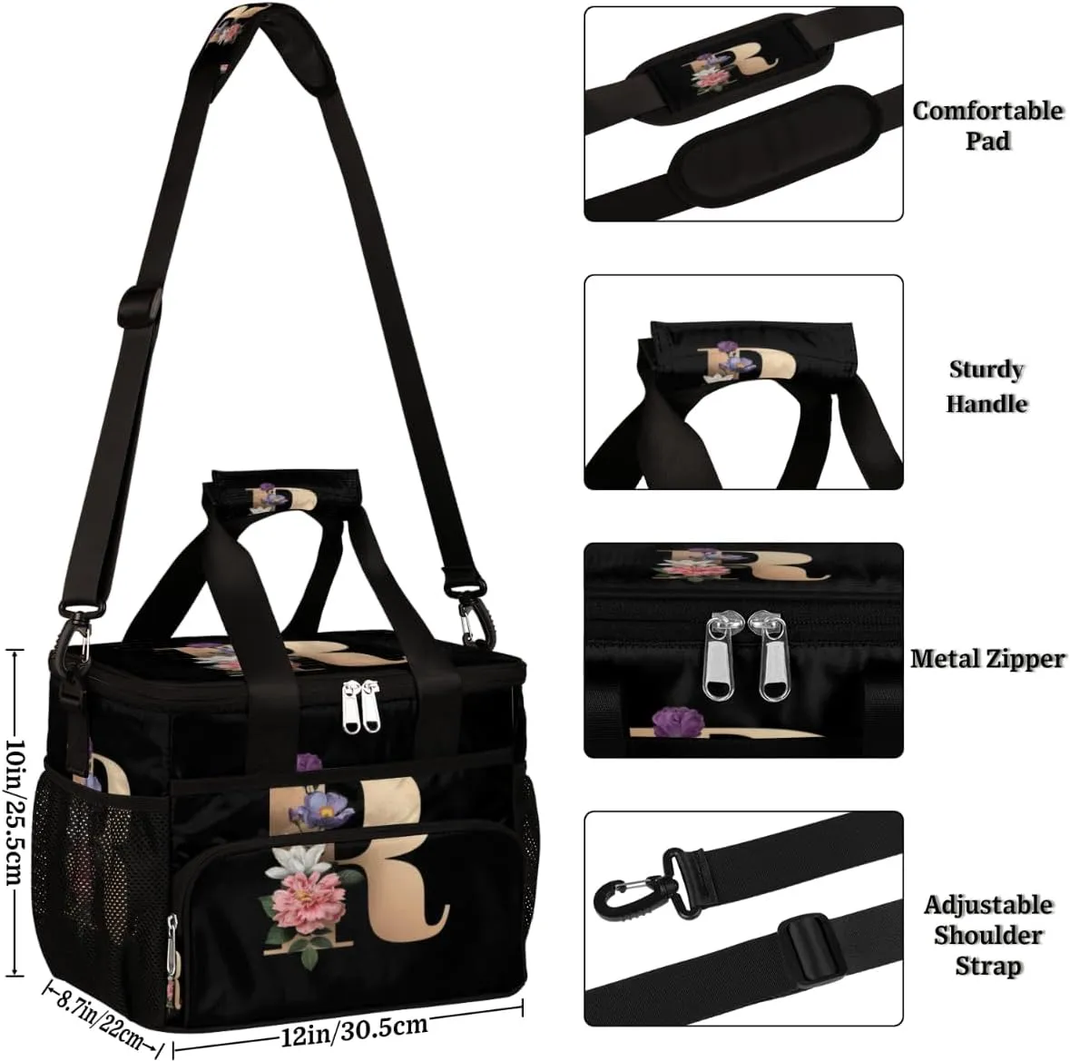 Creative R Letters Flowers Insulated Lunch Bags for Women Men Adult Large Reusable Cooler Tote Bag with Adjustable Shoulder Strap Lunch Box for Office, Picnic, Hiking, Beach