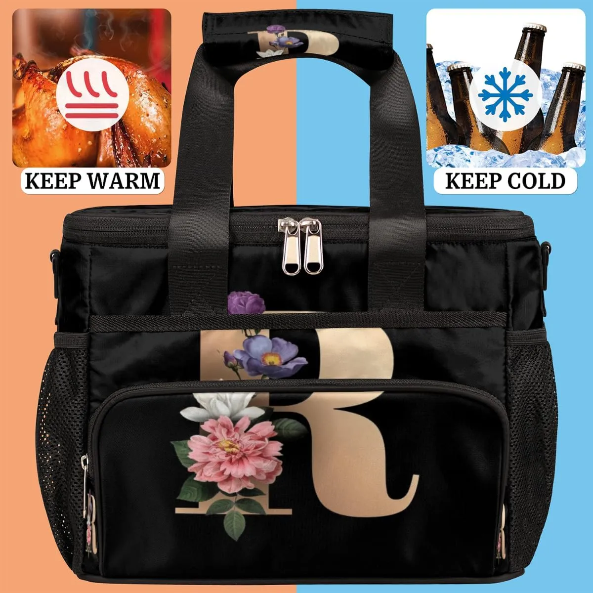 Creative R Letters Flowers Insulated Lunch Bags for Women Men Adult Large Reusable Cooler Tote Bag with Adjustable Shoulder Strap Lunch Box for Office, Picnic, Hiking, Beach