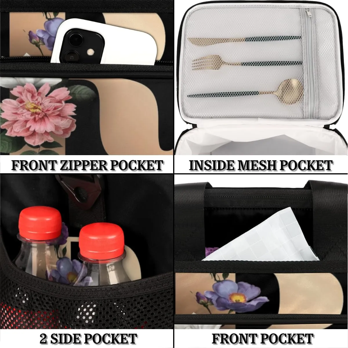 Creative R Letters Flowers Insulated Lunch Bags for Women Men Adult Large Reusable Cooler Tote Bag with Adjustable Shoulder Strap Lunch Box for Office, Picnic, Hiking, Beach