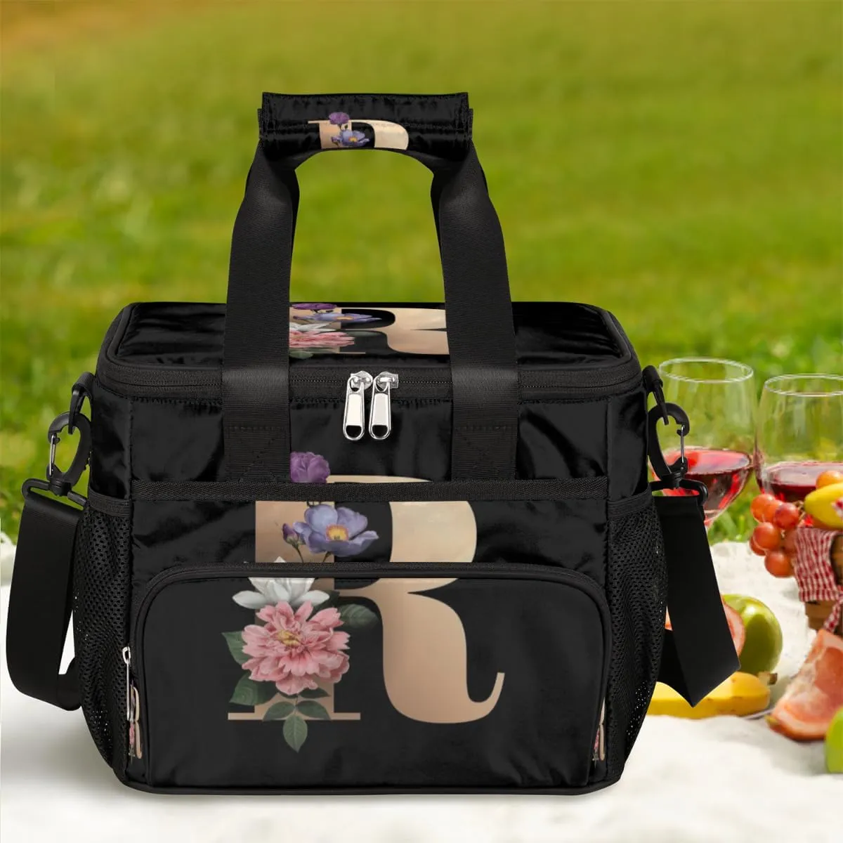 Creative R Letters Flowers Insulated Lunch Bags for Women Men Adult Large Reusable Cooler Tote Bag with Adjustable Shoulder Strap Lunch Box for Office, Picnic, Hiking, Beach