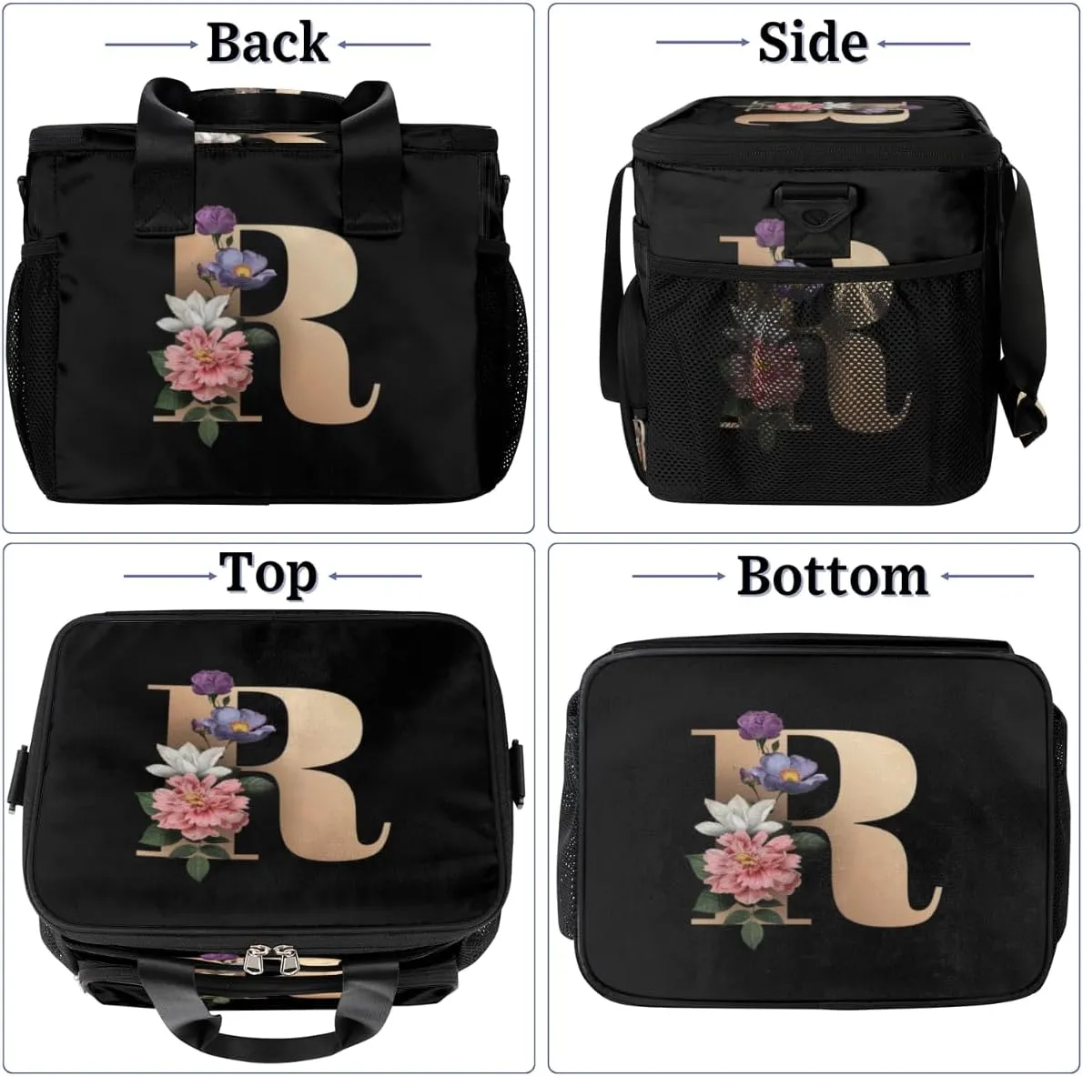 Creative R Letters Flowers Insulated Lunch Bags for Women Men Adult Large Reusable Cooler Tote Bag with Adjustable Shoulder Strap Lunch Box for Office, Picnic, Hiking, Beach