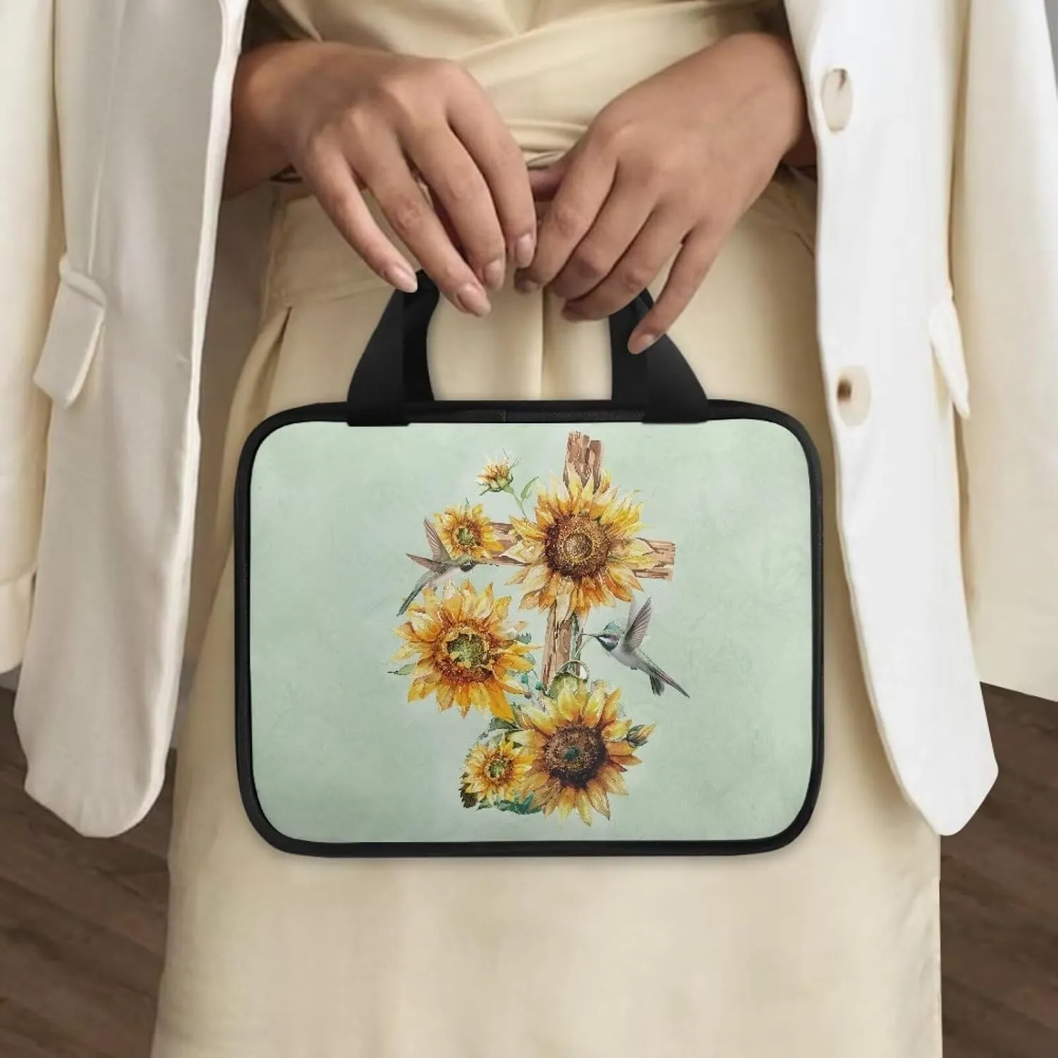 Cross Floral Pattern Bible Cover - Polyester Bible Cover Case for Women - Bible Carrier Small Bible Cover with Handle
