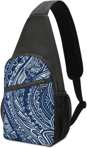Crossbody Bags for Women Men Blue Polynesian Maori Tribal Pattern Printed Sling Backpack Mini Chest Backpack Lightweight Travel Hiking Daypack Casual Shoulder Daypack