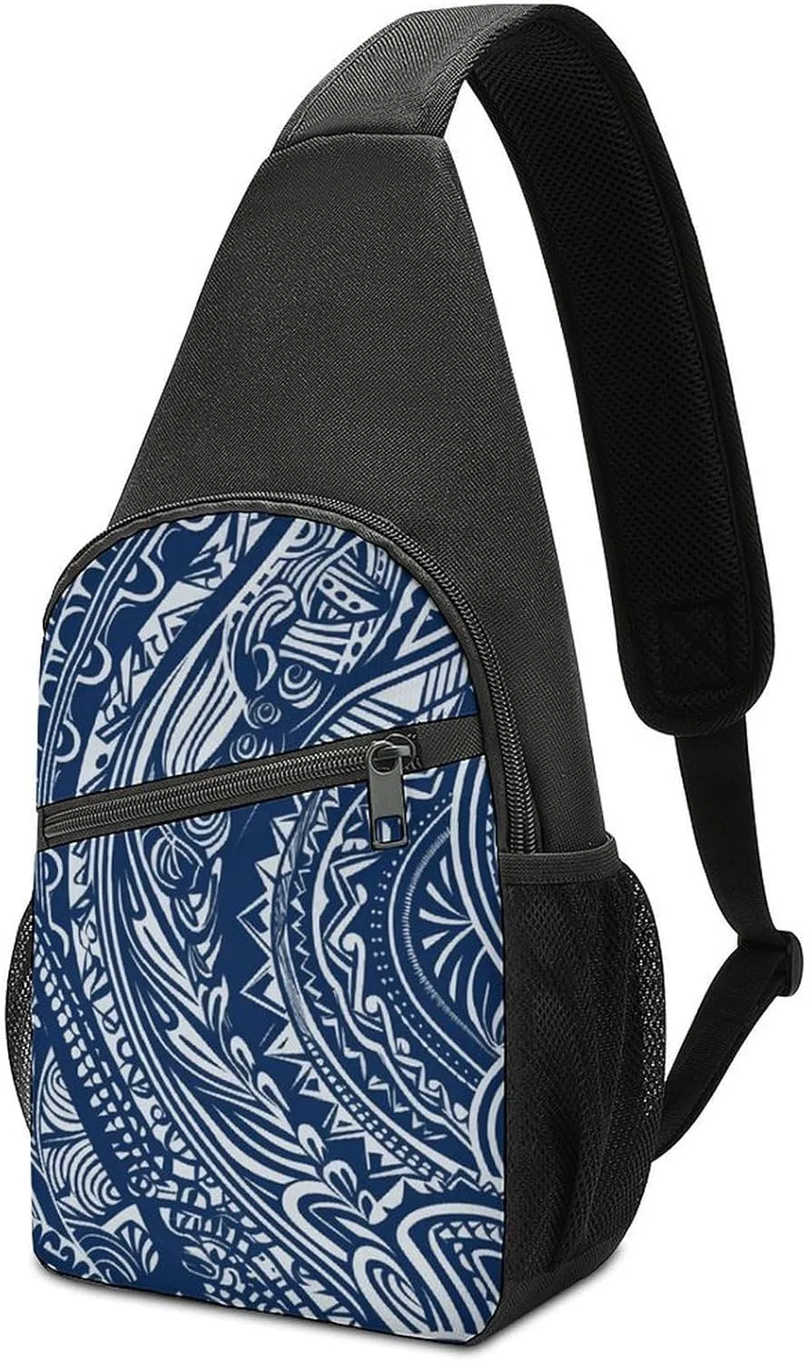 Crossbody Bags for Women Men Blue Polynesian Maori Tribal Pattern Printed Sling Backpack Mini Chest Backpack Lightweight Travel Hiking Daypack Casual Shoulder Daypack