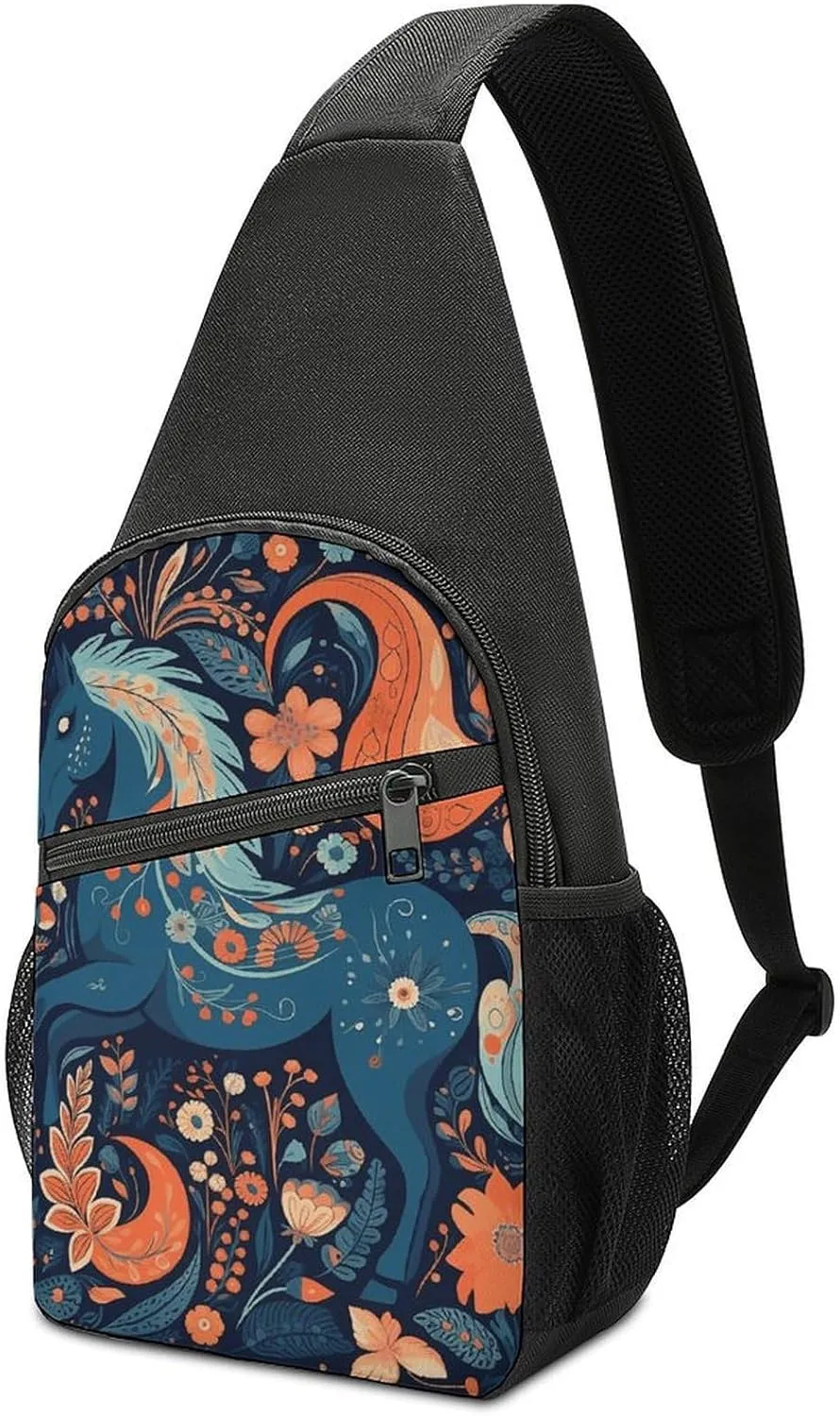 Crossbody Bags for Women Men Playful Pony Printed Sling Backpack Mini Chest Backpack Lightweight Travel Hiking Daypack Casual Shoulder Daypack