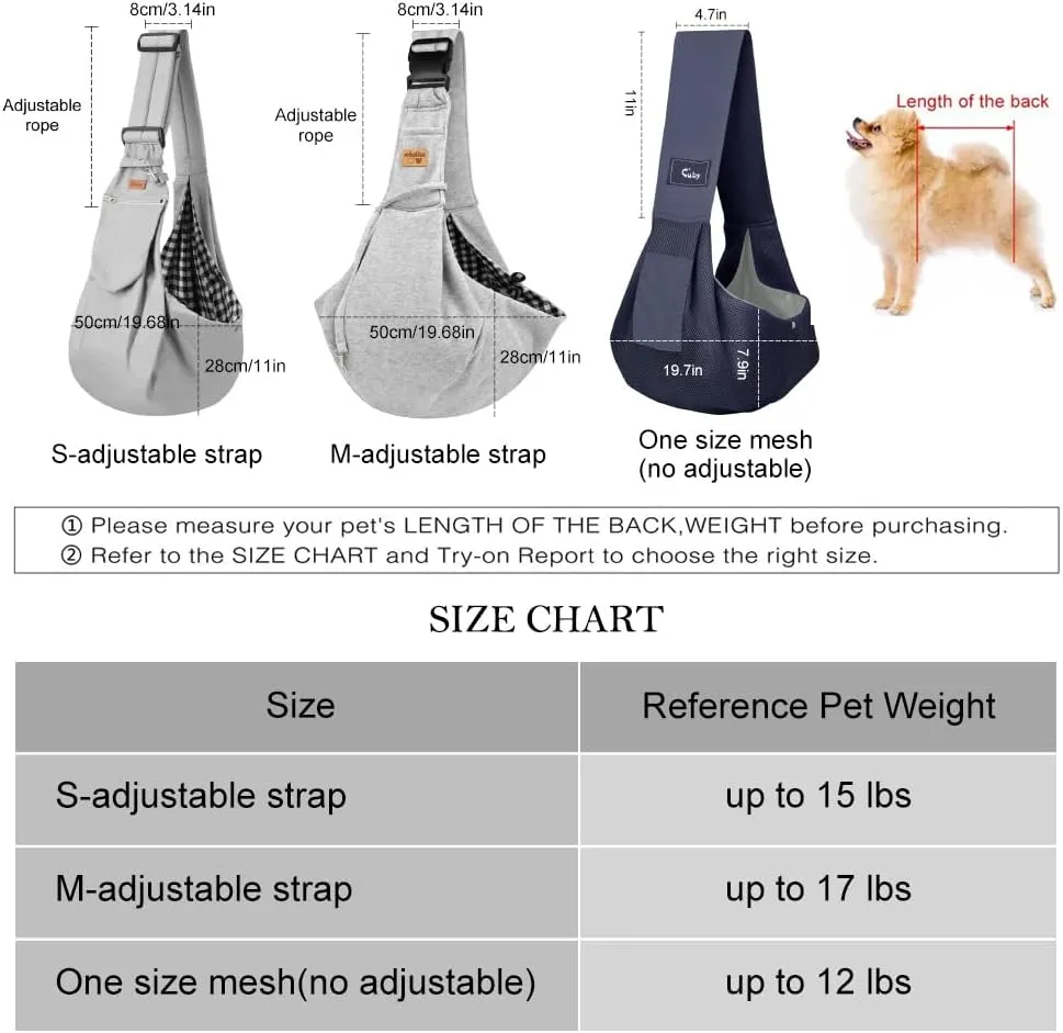 CUBY Dog and Cat Sling Carrier, Hands Free Reversible Pet Papoose Bag, Soft Pouch Adjustable, Suitable for Puppy Cats for Outdoor Travel (Grey Classic, S-Adjustable Strap)
