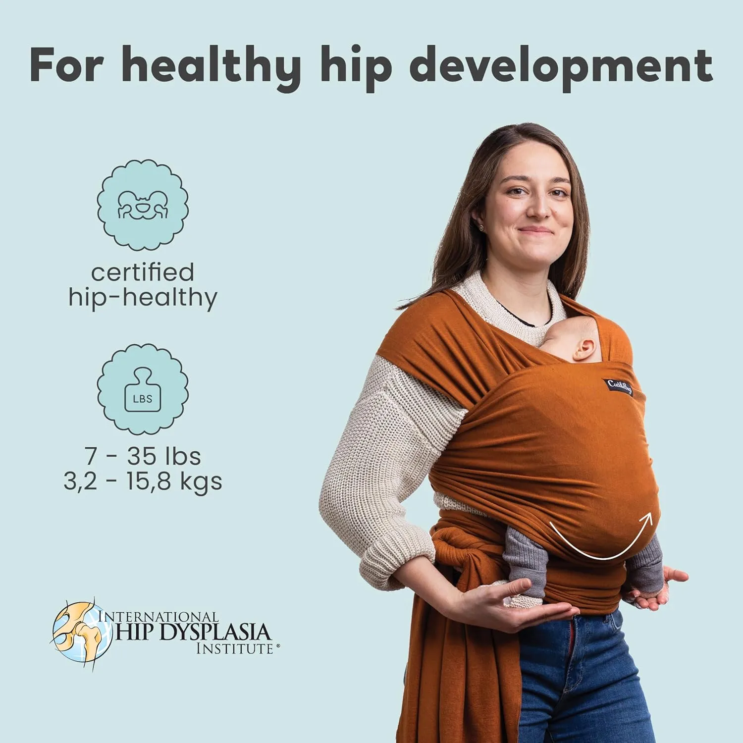 Cuddlebug Hands-Free Baby Carrier - Soft & Stretchy, Newborn to Toddler, 7-35 lbs, One-Size-Fits-All, Hip-Healthy (Brown)