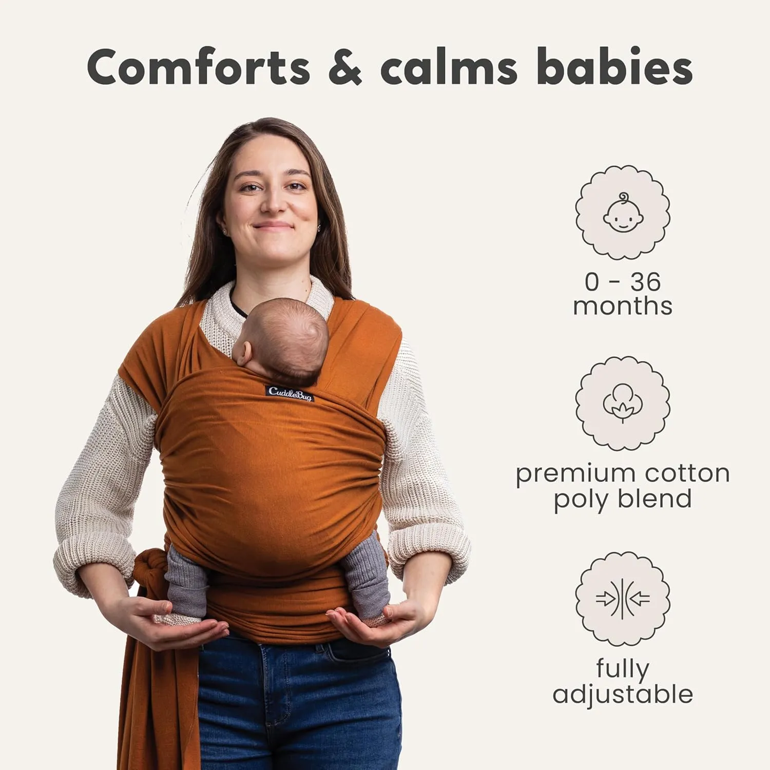 Cuddlebug Hands-Free Baby Carrier - Soft & Stretchy, Newborn to Toddler, 7-35 lbs, One-Size-Fits-All, Hip-Healthy (Brown)