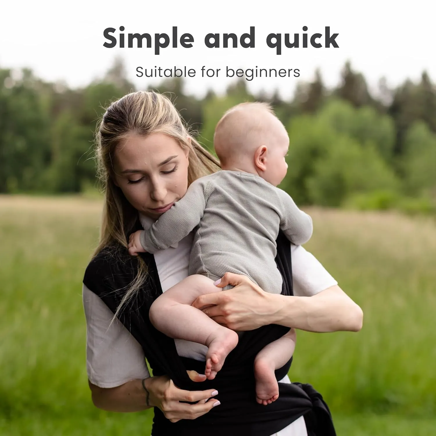 Cuddlebug Hands-Free Baby Carrier - Soft & Stretchy Wrap for Newborn to Toddler 7-35 lbs - One-Size-Fits-All Hip-Healthy Holder (Black)