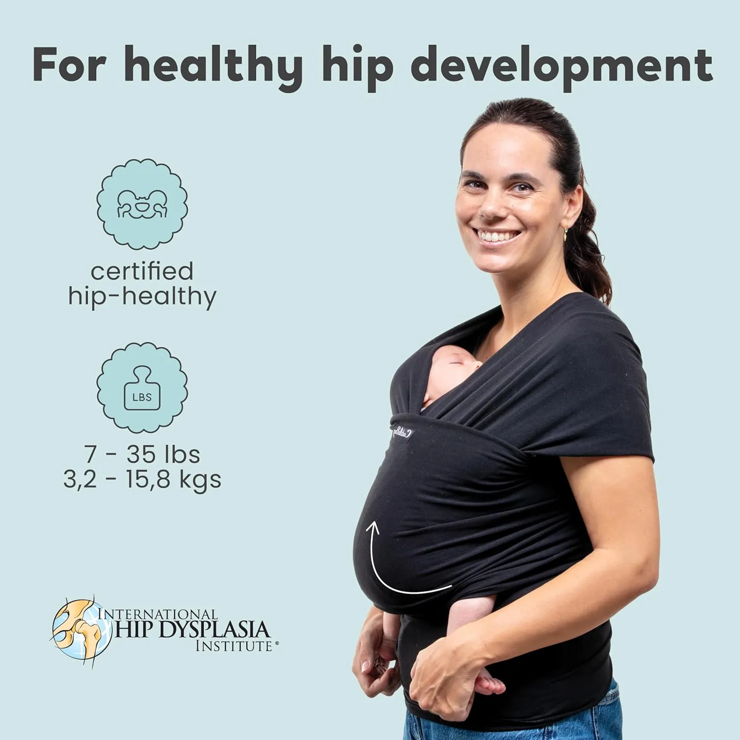 Cuddlebug Hands-Free Baby Carrier - Soft & Stretchy Wrap for Newborn to Toddler 7-35 lbs - One-Size-Fits-All Hip-Healthy Holder (Black)