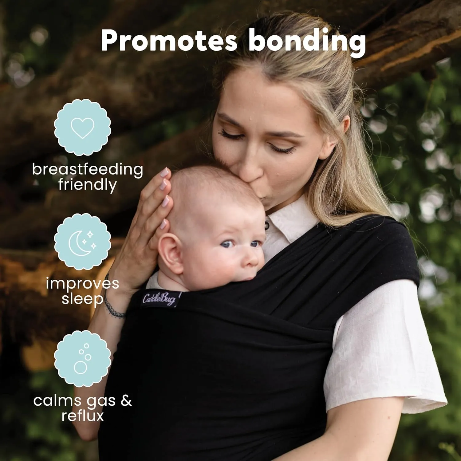 Cuddlebug Hands-Free Baby Carrier - Soft & Stretchy Wrap for Newborn to Toddler 7-35 lbs - One-Size-Fits-All Hip-Healthy Holder (Black)