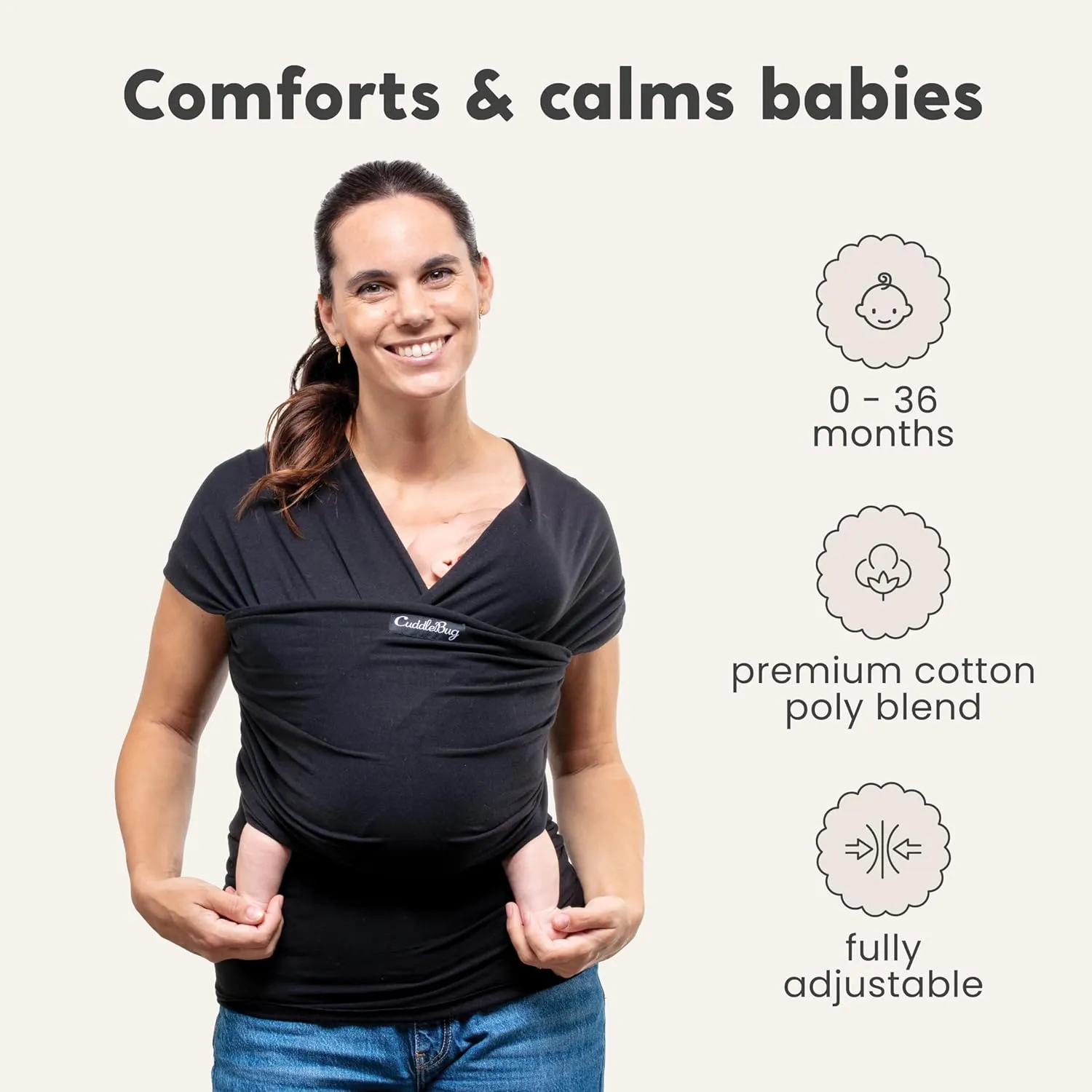 Cuddlebug Hands-Free Baby Carrier - Soft & Stretchy Wrap for Newborn to Toddler 7-35 lbs - One-Size-Fits-All Hip-Healthy Holder (Black)