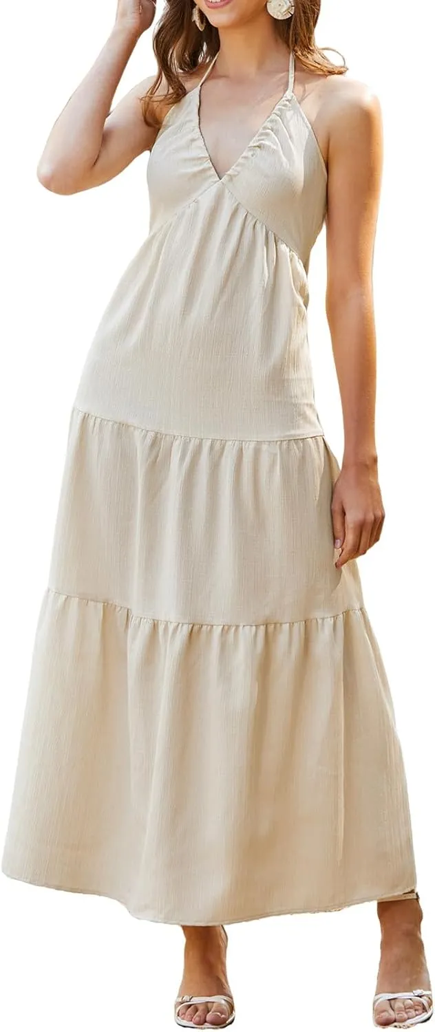 CUPSHE Women Backless Ruffle Summer Dress Halter Plunging V Smocked Waist Back Bow Tie Tiered Maxi Casual Beach Dresses