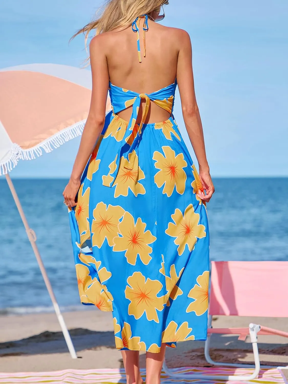 CUPSHE Women Backless Ruffle Summer Dress Halter Plunging V Smocked Waist Back Bow Tie Tiered Maxi Casual Beach Dresses
