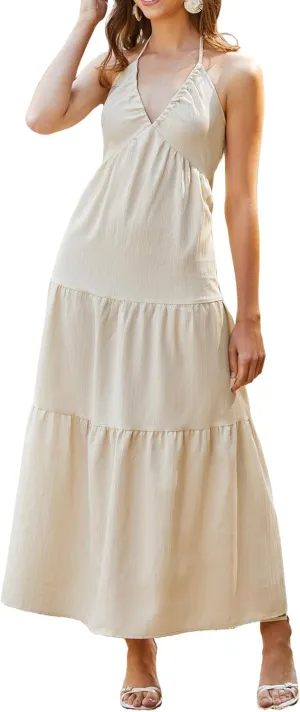 CUPSHE Women Backless Ruffle Summer Dress Halter Plunging V Smocked Waist Back Bow Tie Tiered Maxi Casual Beach Dresses