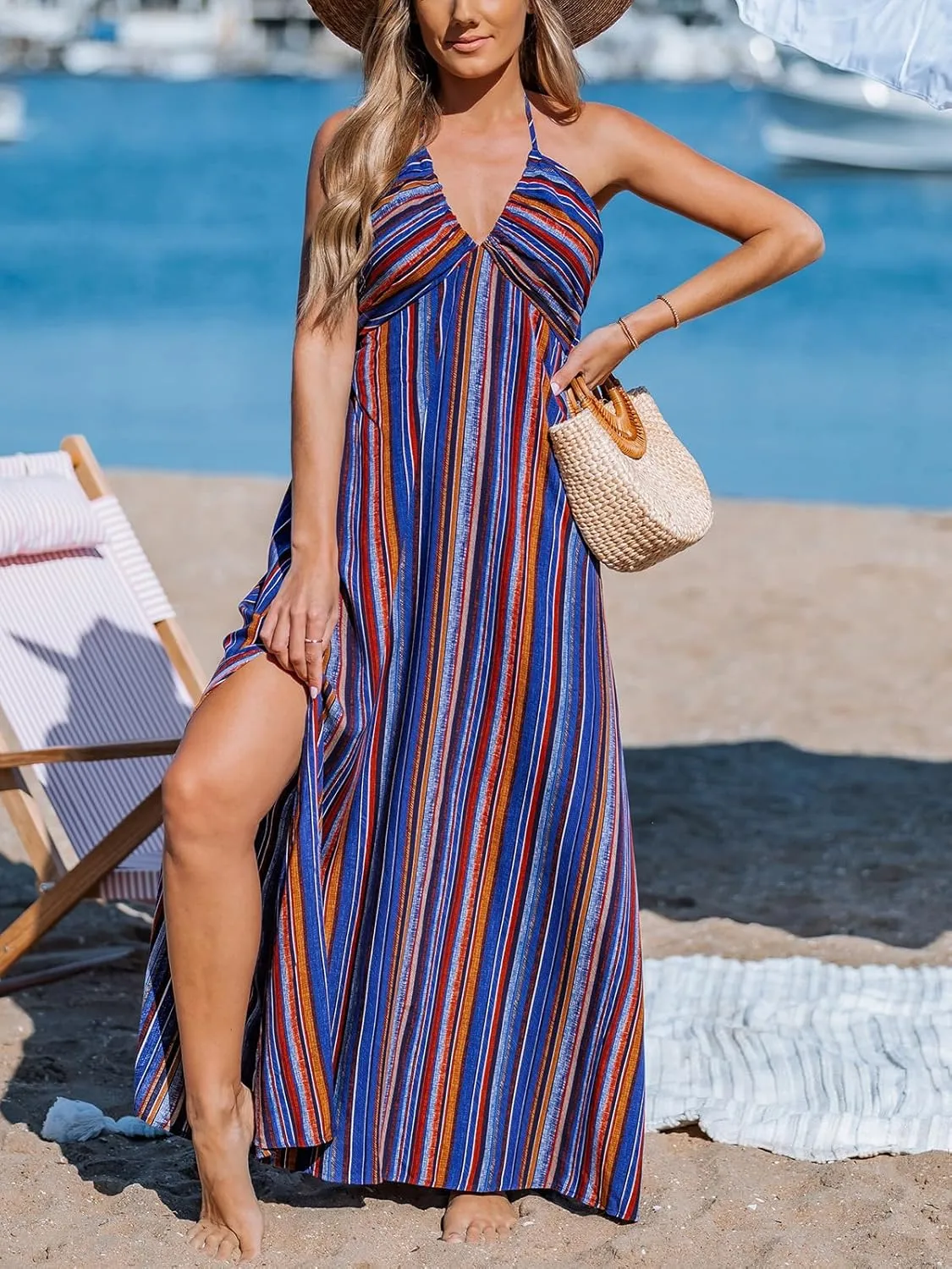 CUPSHE Women Backless Ruffle Summer Dress Halter Plunging V Smocked Waist Back Bow Tie Tiered Maxi Casual Beach Dresses