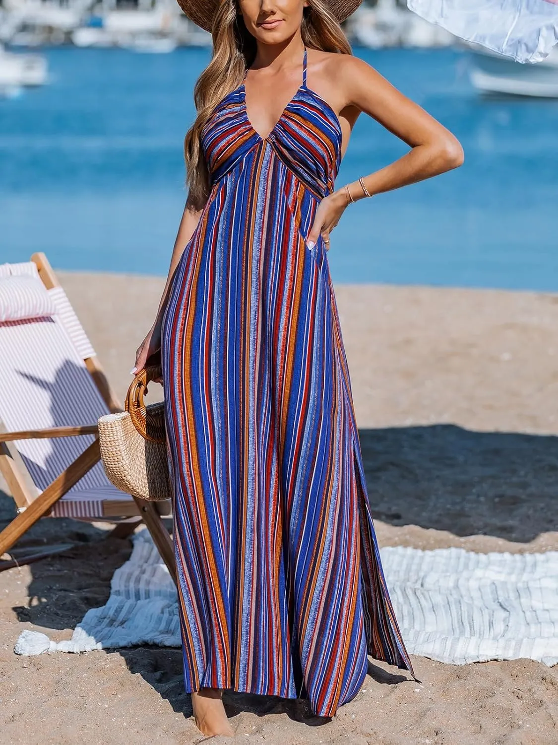 CUPSHE Women Backless Ruffle Summer Dress Halter Plunging V Smocked Waist Back Bow Tie Tiered Maxi Casual Beach Dresses