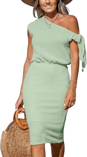 CUPSHE Women Knit One Shoulder Midi Summer Dress Off Shoulder Tie Knot Elastic Waist Bodycon Casual Beach Spring Dresses